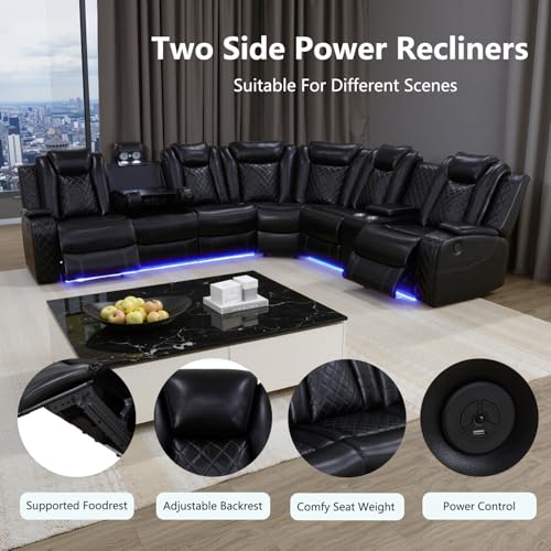 Power Reclining Sectional Sofa, Black Leather Recliner Corner Couch, Air Leather Sectional Living Room Funiture Set LED Lights/USB Port/Cup Holder for Living Room/Apartment/Office