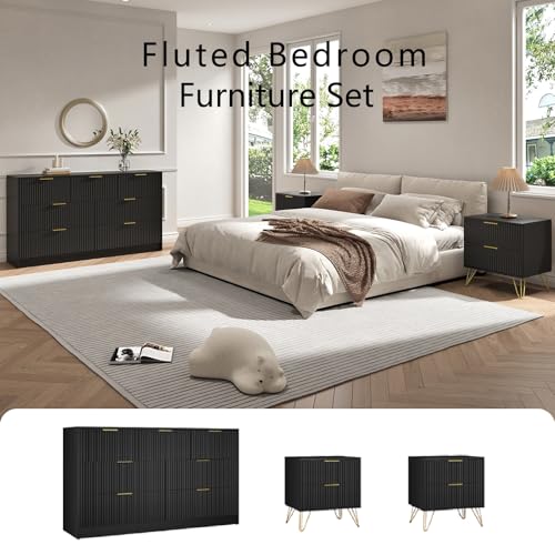 7 Drawer Dresser and Nightstand Sets for Bedroom, 3 Pcs Bedroom Set，Night Stand Set of 2 & 7 Drawer Dresser with Gold Handles, Modern Wood Chest of Drawers Storage Cabinet Set, Black