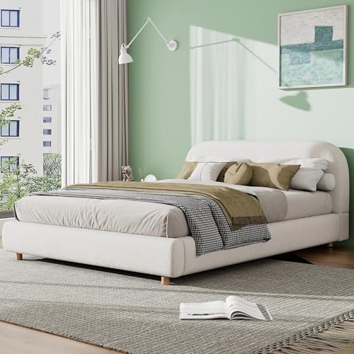 Queen Size Platform Bed, Boucle Fabric Headborad and Bed Frame, view 5