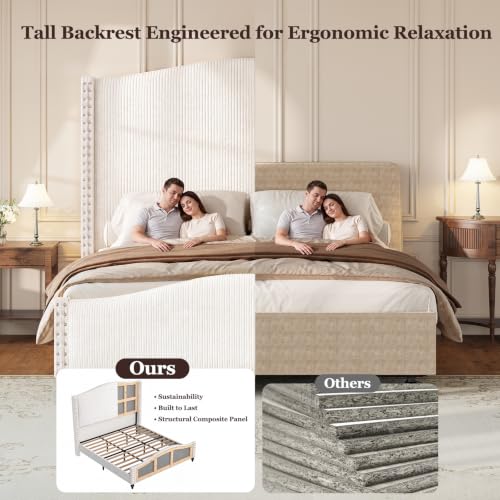 Queen Bed Frame with 65" Tall Headboard, White Corduroy Upholstered Bed, view 4
