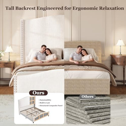 Queen Bed Frame with 65" Tall Headboard, White Corduroy Upholstered Bed, view 4