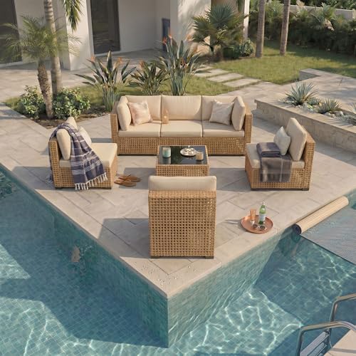 7-Piece Patio Furniture Set, All-Weather PE Rattan Outdoor Sectional Sofa, Modular Wicker Conversation Set with Thick Cushions & Easy-Clean Coffee Table（Yellow/White）