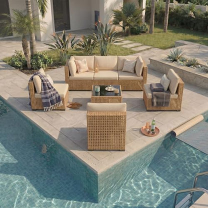 7-Piece Patio Furniture Set, All-Weather PE Rattan Outdoor Sectional Sofa, Modular Wicker Conversation Set with Thick Cushions & Easy-Clean Coffee Table（Yellow/White）