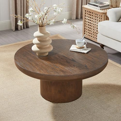 Round Coffee Table 36" Wood for Living Room Large Modern Solid Wooden Drum Circle Farmhouse Center Mid-Century Sofa Side Coffee Tables for Apartment Home Furniture Cocktail Tea Brown Easy Assemble