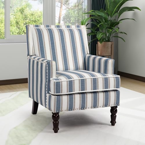 Accent Chair, Comfy Cozy Modern Mid-Century Accent Chairs, Linen Upholstered Lounge Arm Chair with Solid Wood Reading Side Padded Single for Living Room/Office/Balcony/Bedroom-Blue Stripe