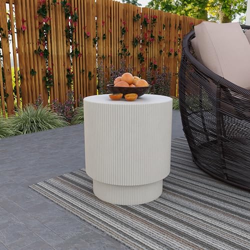 Modern Side Table Round Fiberstone Top Accent End Table for Home, Outdoor Patio, Living Room Sofa, Weather-Resistant, Eden Series in White