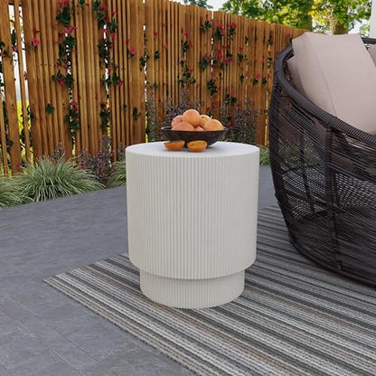 Modern Side Table Round Fiberstone Top Accent End Table for Home, Outdoor Patio, Living Room Sofa, Weather-Resistant, Eden Series in White