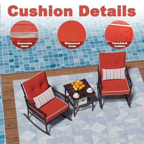 Outdoor Rocking Chairs 3 Pieces Patio Conversation Front Porch Furniture, Wicker Rocking Chairs Bistro Set with Coffee Table and Cushions for Garden and Balcony, Orange