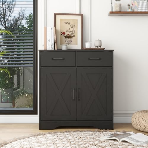 Sideboard 2 Drawers 2 Doors Entryway Storage Cabinet Living Room Organizer Farmhouse Style Wooden Kitchen Cupboard (Black)