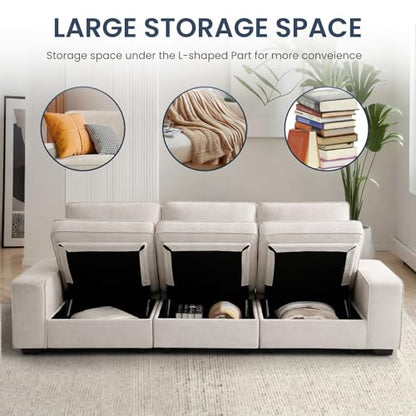100" Modular Sofa with Seats Storage, Comfy 3-Seater Chenille Fabric Couch for Living Room, Office, Apart W/Deep Seat, Wide Arms, Side Pockets, USB, Removable Covers, Upholstered Couch/Beige