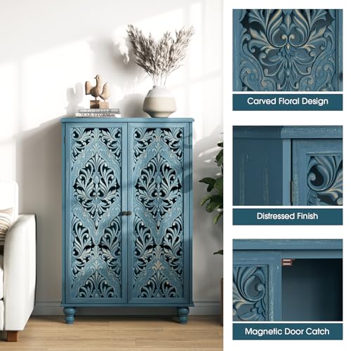 47" Tall Accent Cabinet with Carved Doors & Storage for Living Room | Vertical Storage for Dining Room,Bedroom, Carved Floral Design, Farmhouse & Rustic Style, Adjustable Shelves, Easy Assembly