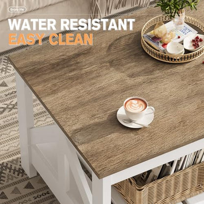 Farmhouse Coffee Table, Coffee Tables for Living Room, Farmhouse Square Coffee Table with Storage, Couch Table, Small Tables for Small Spaces, Gray & White
