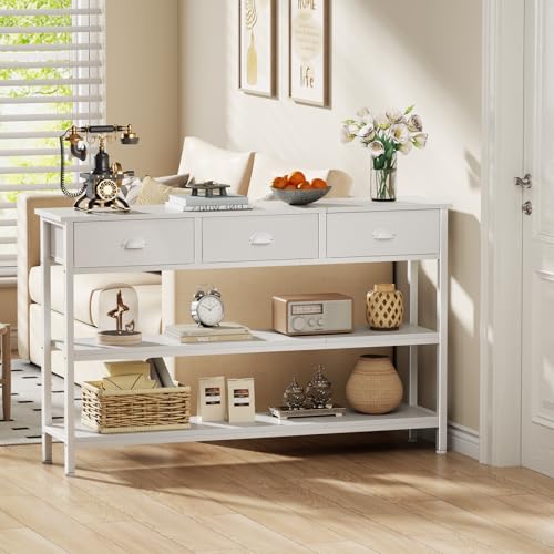 White Long 47" Console Sofa Table with 3 Drawers, Entryway Table with 3-Tier Storage Shelves, Display Shelf for Entry Way, Hallway, Couch, Living Room, Kitchen, Foyer
