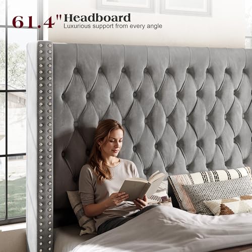 Queen Bed Frame 61.4" Tall Upholstered Wingback Headboard, Grey
