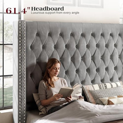 Queen Bed Frame 61.4" Tall Upholstered Wingback Headboard, Grey