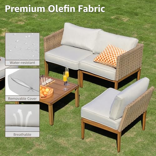 5 Piece Wicker Patio Sectional Furniture Sets Outdoor Sofa Rattan Couch, All Weather Outdoor Conversation Set with Metal Table,5" Cushions for Deck,Poolside,Backyard,Balcony
