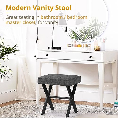 Vanity Stool, Square Linen Makeup Stool with Metal X Legs, Small Ottoman Stool Chair for Vanity, Modern Padded Vanity Seat Foot Rest Stool for Makeup Room, Living Room, Bathroom, Carbon Gray