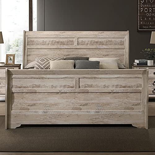 Imerland White Wash Finish 3-Piece Bedroom Set-Sleigh Bed and Two Nightstands, Queen Size