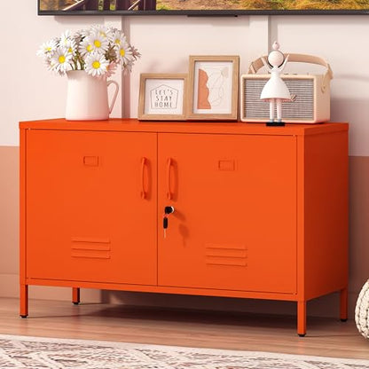 25.2" H Metal Locker Storage Cabinet with 2 Locks, Steel Low Lockerable Orange TV Stand with Adjustable Shelves, 2 Door Metal Accent Buffet Cabinet for Bathroom Kitchen Living Room Office