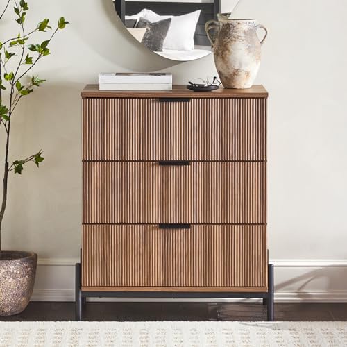 Mid-Century 3-Drawer Chest with Reeded Drawer Fronts, 35 ⅜ Inch, Mocha