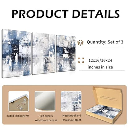 Abstract Blue and White Wall Art Set of 3, Modern Simple Navy Framed Canvas Prints Poster, Gray Painting Picture for Living Room, Bedroom, Office Wall Decor 12x16 Inch