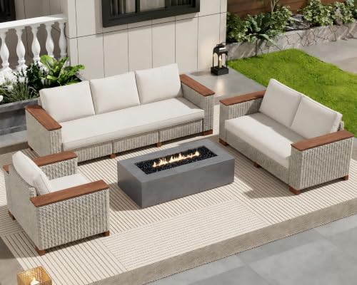 6-Piece Wicker Patio Furniture Set with Solid Wood Armrest, Outdoor Patio Set with Thick Legs, UV-Resistant Modular Outdoor Sectional Sofa for Backyard, Porch, Garden