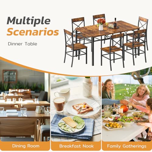 7-Piece Dining Table Set, Kitchen Table Chairs Set of 6, Dining Room Sets for 6, Farmhouse Dining Table Set with 6 X-Shaped Curved Backrest Chairs, for Kitchen & Living Room-Rustic Brown
