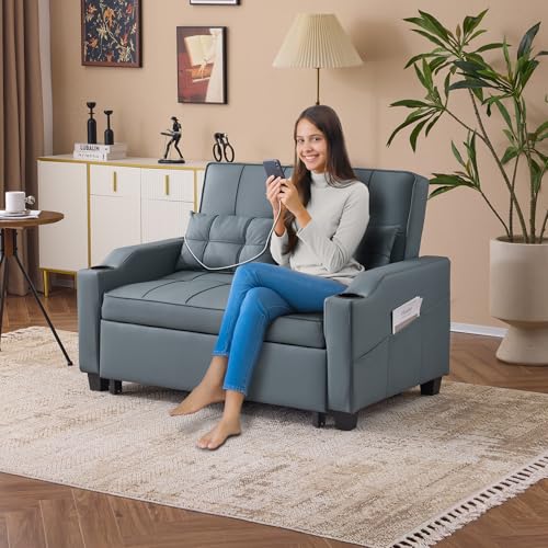 Blue Grey Futon Sofa Bed Convertible Loveseat Sleeper Couch, Faux Leather Pullout Sofa Fold Out Couch Bed with USB Ports, Cup Holders, Armrest for Living Room, Bedroom Apartment Room
