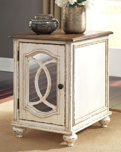 Signature Design by Ashley Realyn Chairside End Table, Living Room Side Table, Antique Two-Tone Mirrored Door, Ash Veneer, Wood and Engineered Wood, White/Brown, 18"W x 24"D x 25"H