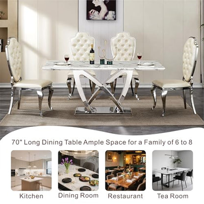 Marble Dining Table for 6 People, 70'' Rectangle Faux Marble Dining Table with Mirrored Stainless Steel Base, Large Size Marble Kitchen Table (Silver,White)(only Table)