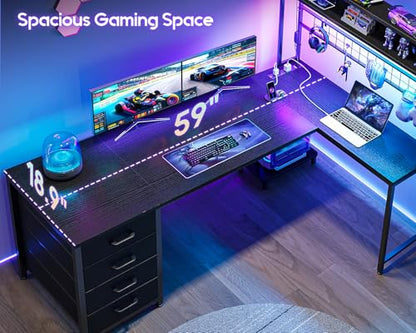 L Shaped Gaming Desk with 4 Drawers, 59" Reversible Computer Desk with Hutch and Shelves, Gamer Desk with LED Lights, Power Outlets, Home Office Corner Desk with Gird Pegboard, Black