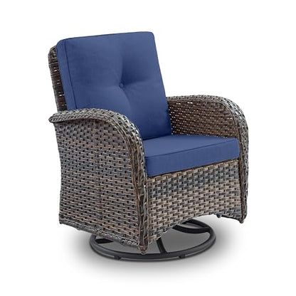 2 in 1 Porch Glider Swivel Chair - Wicker Patio Furniture Outdoor Swivel Rocker Chair with Thick Cushion, 300 Lb Weight Capacity Patio Swivel Glider Seating - Brown Wicker, Blue Cushion