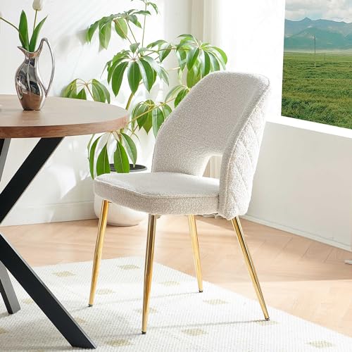 Modern Dining Chair Set of 4, Beige Boucle Accent Chairs with Golden Metal Legs, Upholstered Back Side Chairs for Kitchen Living Room Bedroom
