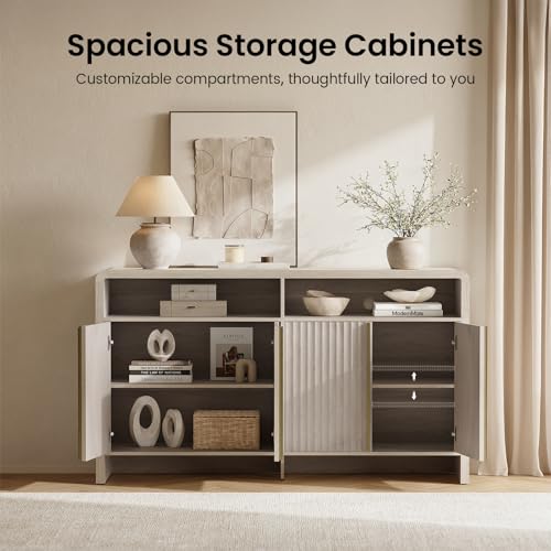 59" Sideboard Buffet Cabinet, Fluted 4-Door Credenza, Grey, view 5