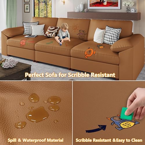 Leather Sectional Sofa,Modern Deep Seat Faux Leather Sectional,Extra Large L Shaped Couch,Oversized Modular Sofa,Comfy Scratch Resistant Material，Brown