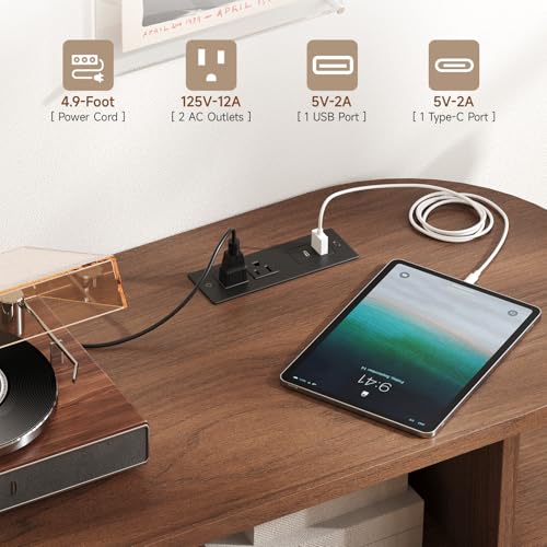 55" Large Round Record Player Stand with Charging Station,Walnut, view 3
