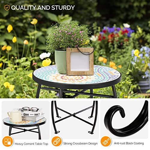 Mosaic Accent Table, 14" Round Side Table,End Table, Plant Stand Decor for Patio Porch Beach Theme Balcony Back Deck Pool Indoor Outdoor Coffee, Metal Cobalt Glass Top Black Iron(Blue Hawaii)