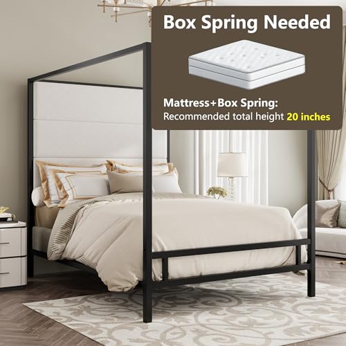 Queen Size Black Metal Canopy Bed Frame, 76.5" Tall Velvet Upholstered Headboard, view 6