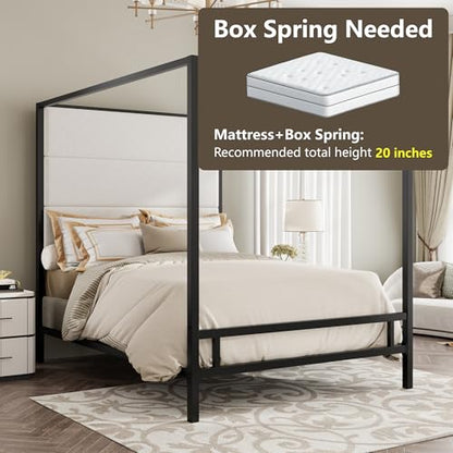 Queen Size Black Metal Canopy Bed Frame, 76.5" Tall Velvet Upholstered Headboard, view 6