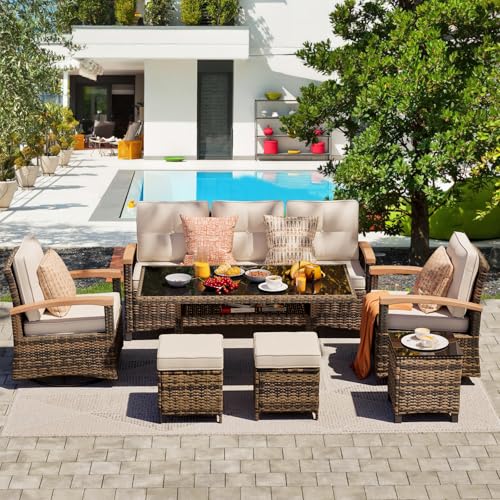 7 Pieces Patio Furniture Sets, PE Wicker Outdoor Conversation Sets with 2 Wood Armrests Swivel Rocker Chairs, 2 Ottomans,3-seat Sofa and Dining Table (Beige)