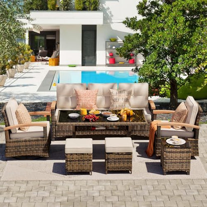 7 Pieces Patio Furniture Sets, PE Wicker Outdoor Conversation Sets with 2 Wood Armrests Swivel Rocker Chairs, 2 Ottomans,3-seat Sofa and Dining Table (Beige)