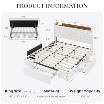 King Bed Frame, Storage Headboard with Drawers, Charging, White, view 3