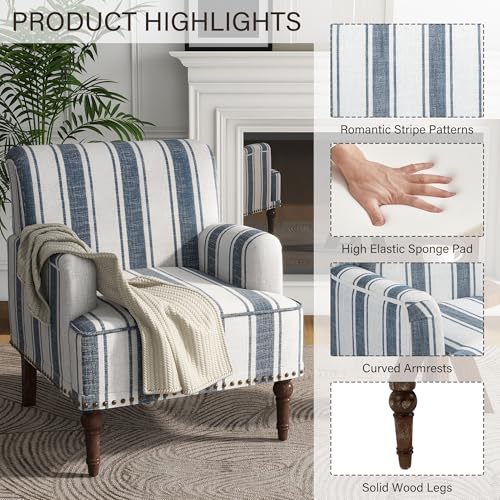 Stripe Accent Chairs Set of 2, Living Room Arm Chair Modern Nailhead Trim Club Armchair, Comfy Upholstered Sofa Lounge Seat Reading Seat Bedroom Side Seating for Home Office, Dark Blue