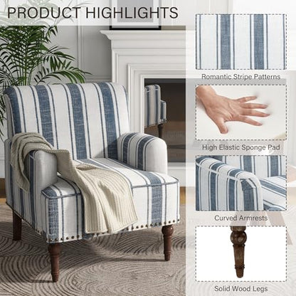 Stripe Accent Chairs Set of 2, Living Room Arm Chair Modern Nailhead Trim Club Armchair, Comfy Upholstered Sofa Lounge Seat Reading Seat Bedroom Side Seating for Home Office, Dark Blue