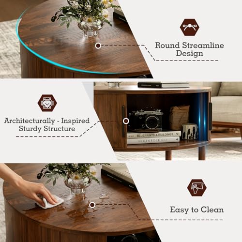 ZttRiee Coffee Table for Living Room, Modern Round Coffee Table with Cabinets & Sliding Doors, Home Small Space, 29.9" Fluted Center Table, Walnut