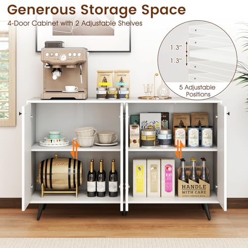 Sideboard Buffet Cabinet, 50’’ Accent Kitchen Storage Cabinet with 4-Door & 5-Position Adjustable Shelves, Modern White Sideboard with 5 Support Legs, Buffet Table for Coffee Bar, Living Room