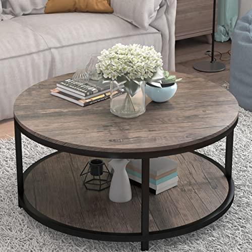 Round Coffee Table, 36” Coffee Table for Living Room, 2-Tier Wood Desktop & Sturdy Metal Legs Table Home Furniture with Storage Shelf (Walnut)