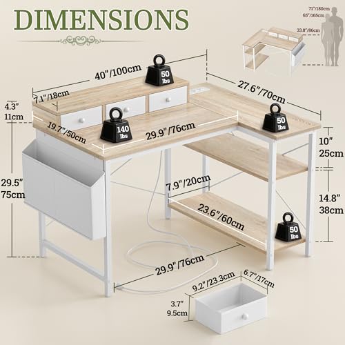 40 Inch L Shaped Computer Desk with 3 Drawers & Power Outlets, view 3