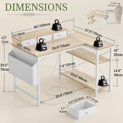 40 Inch L Shaped Computer Desk with 3 Drawers & Power Outlets, view 3