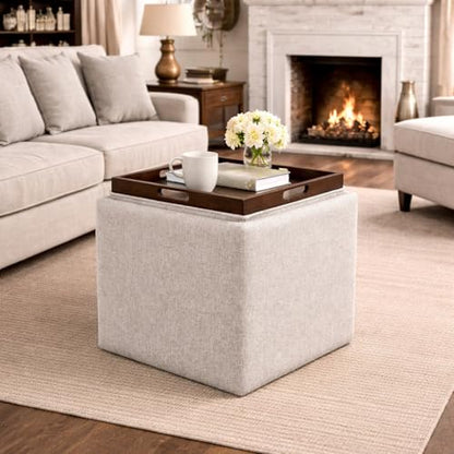 17.5" Storage Ottoman with Tray Top - Light Brown Woven